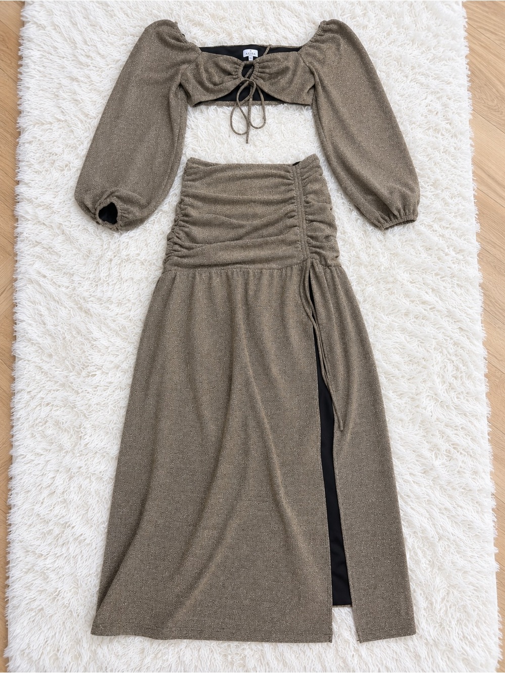 Metallic Olive Maxi Two-Piece Dress with Puff Sleeves